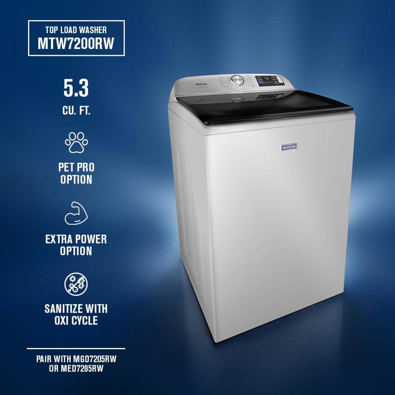 Maytag Maytag Pet Pro 5.3 cu. ft. Smart Top Load Impeller Washer with Extra Power and Sanitize with Oxi Cycle (MTW7200RW) 3